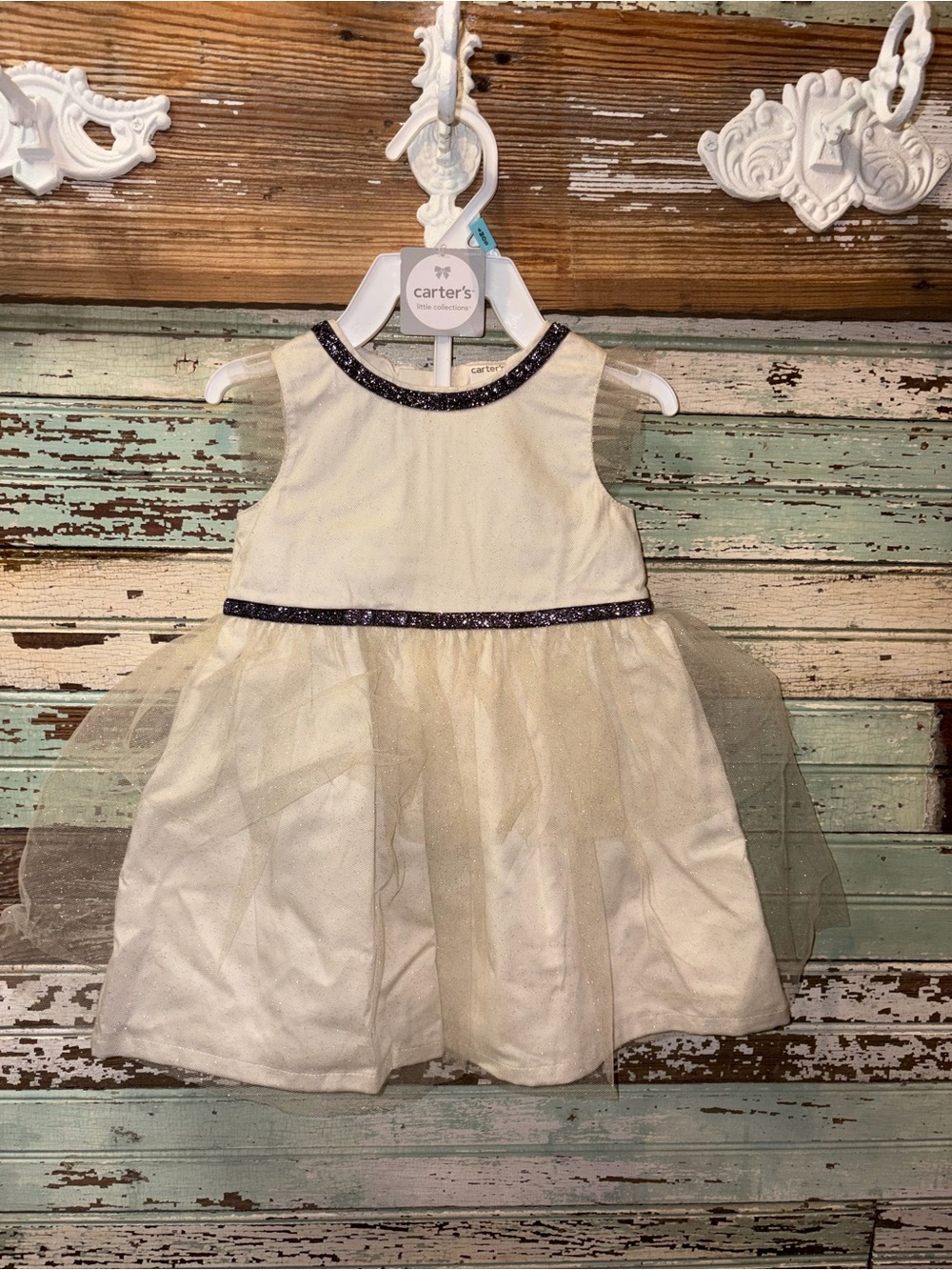 Carter's Ivory Party Dress with Sparkle Navy Trim